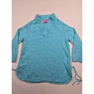 Isaac Mizrahi Womens 100% Linen Turquoise Blue Tunic Top W/ Side Ties Size Large